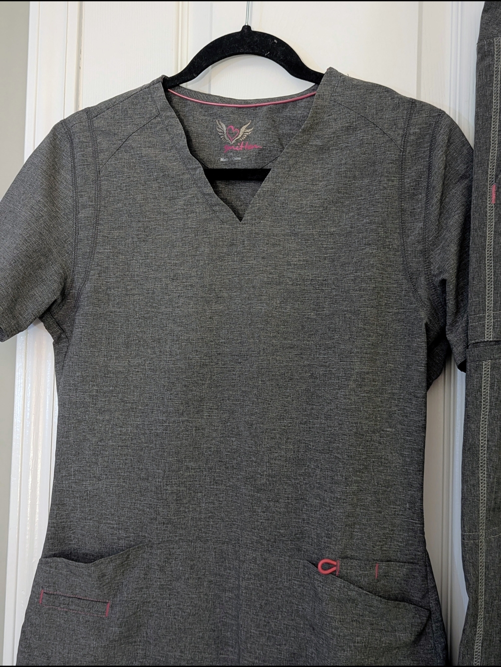 Smitten Heathered Charcoal Gray Scrub Set with Pink Accents - Size Small - Picture 3 of 16